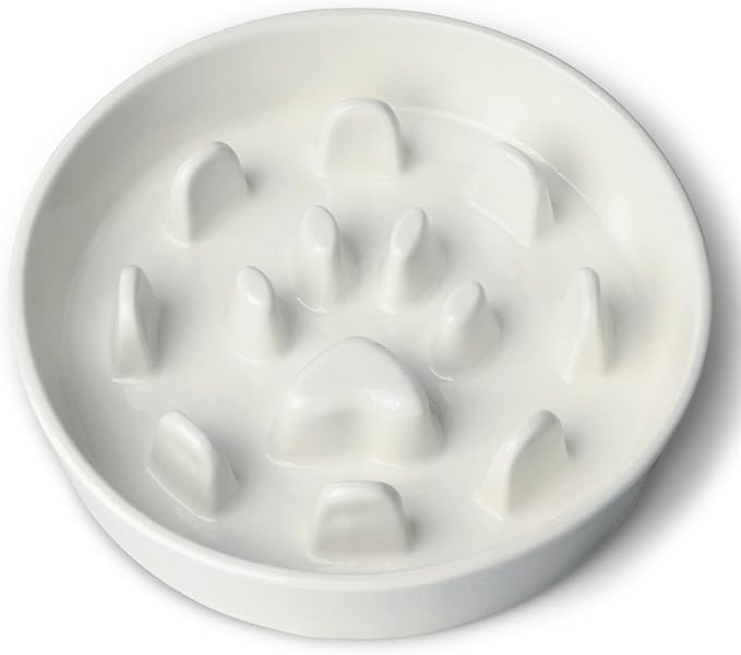 Ceramic 1.5 Cup Slow Feeder Dog Bowl, Slow Feeding Dish for Small & Medium Breeds to Slow Down Eating, Anti-Gulping, Preventing Choking (White)