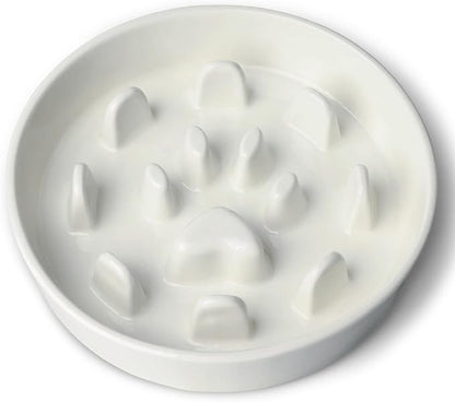 Ceramic 1.5 Cup Slow Feeder Dog Bowl, Slow Feeding Dish for Small & Medium Breeds to Slow Down Eating, Anti-Gulping, Preventing Choking (White)