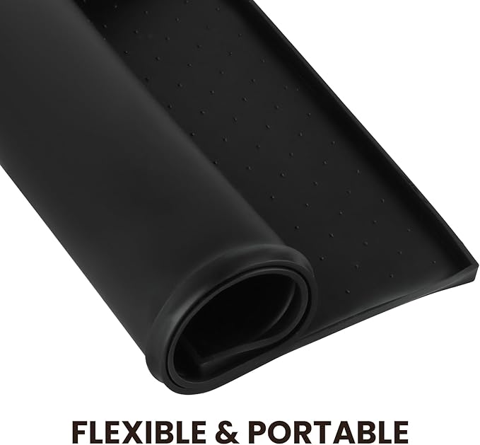 VIVAGLORY Dog Bowl Mat Grippymat Pet Food Mat, Waterproof Washable Nonslip Silicone for Pet & Cat, Food and Water Placemat with Lip & Raised Edges for Indoor Floor, L, Black