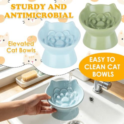 2 Pcs Elevated Slow Feeder Cat Bowls, 5.91 x 5.24 Inch Ceramic Cat Slow Feeder Bowl, 3.54 Inch Raised Base, 3.38 Fl Oz, Green and Blue Ear Shaped Dishes - Image 3