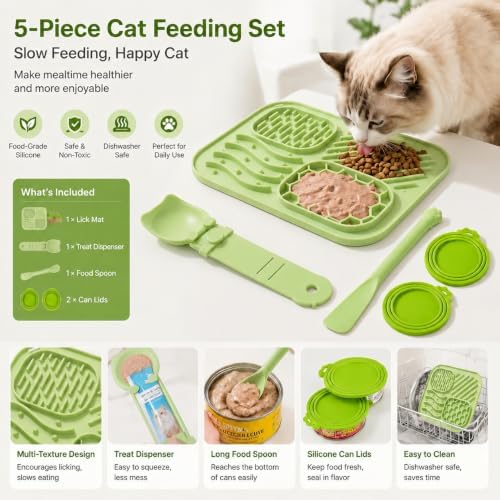 AZY 3-Piece Slow Feeder Cat Bowl and Lick Mat Set – Silicone Cat Treat Spoon & Feeding Mat for Wet Food, Enrichment and Slow Eating (Green) - Image 4