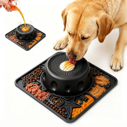 Dog Licking Slow Feeder Bowl with Rolling Ball Anti-Gulping, 2 in 1 Dog Non-Slip Lick Mat, Edible Silicone for Wet Food, Yogurt, Bone Broth, Nutrient Solution Black by Unknown
