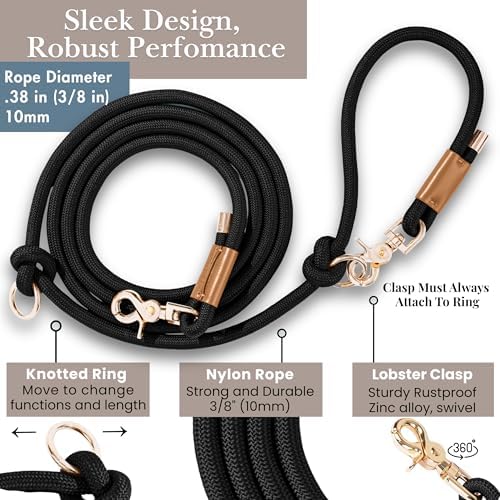Hands Free Dog Leash, Waist Leash for Dog Walking, Crossbody, Multifunctional, Black Dog Lead, Running, 2 Dogs, Dual Handle, Dog Training, Adjustable Lead 4.3ft - 7.5ft, 3/8" (10mm) Diameter. - Image 2