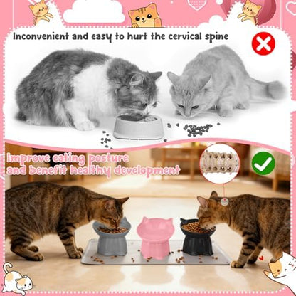 3 Pcs Elevated Cat Bowls 15°Raised Cat Food Bowl with Silicone Mat Grey - Image 5