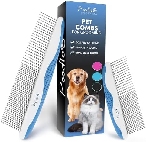 Poodle Pet Dog Combs for Grooming | 2 Pack | Stainless Steel Teeth Easily Remove Dirt | Proper Care Prevents Knots and Mats for Long and Short Haired Pets | Anti-Slip Comfort Grip Handle (Blue) by Poodlie