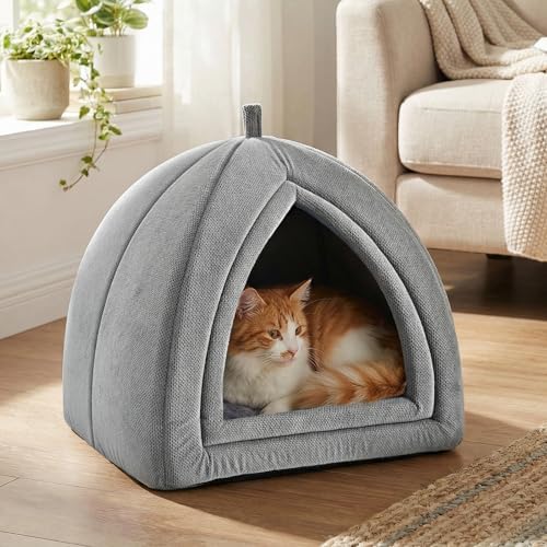 Amazon Basics Cat Cave Bed, 2-in-1 Foldable House for Indoor Cats, with Washable Cushion and Non-Slip Base, 15 x 15 Inches, Small, LightGray - Image 3