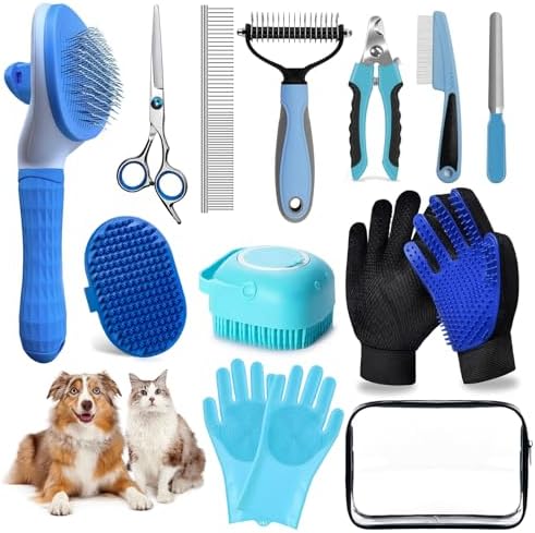 Dog Brush for Shedding 13pcs Bath Grooming Kit with Pet Nail Clipper and File - Dog Bath Brush Cat Grooming Supplies, Dematting Comb Bath Brush Shampoo Scrubber for Dogs and Cats by 2TRUL