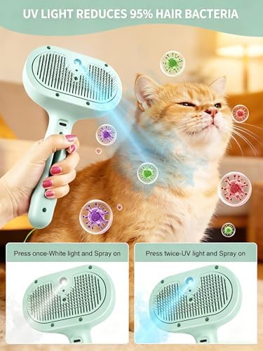 Dog Cat Steam Brush With UV Light,3 in 1 Release Button Self-Cleaning Grooming Brush for Pets Cats Dogs,Hair Massaging Shedding for Small Animals Long Short Haired - Green - Image 2
