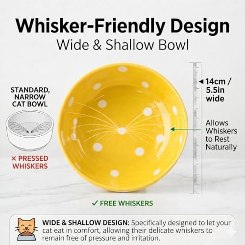 Elevated Ceramic Cat Bowls Set of 2, Mushroom Raised Wide & Shallow Cat Food and Water Bowls, Whisker Friendly Feeding Bowls for Cats & Small Dogs (Red+Yellow) - Image 3