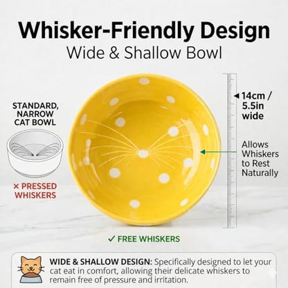 Elevated Ceramic Cat Bowls Set of 2, Mushroom Raised Wide & Shallow Cat Food and Water Bowls, Whisker Friendly Feeding Bowls for Cats & Small Dogs (Red+Yellow) - Image 3
