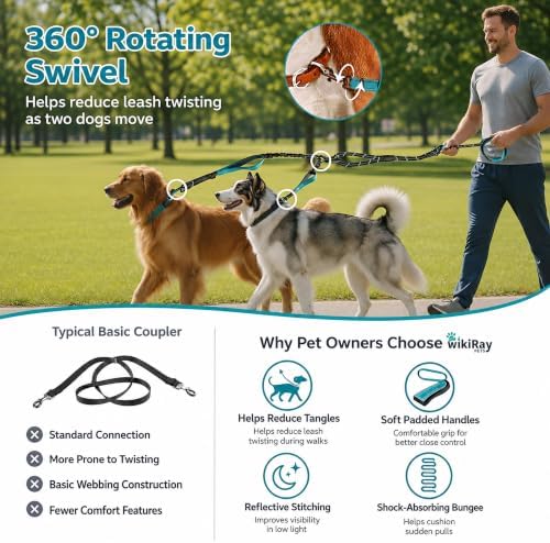 wikiRay Double Dog Leash Coupler for Walking 2 Dogs – No Tangle Dual Dog Splitter with Shock-Absorbing Bungee, Padded Traffic Handles & Reflective Stitching (Sea Green) - Image 4