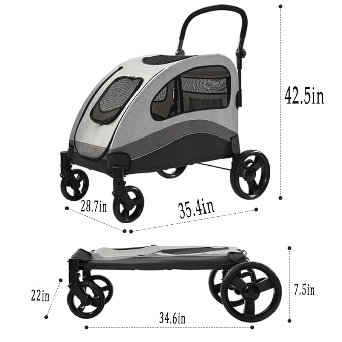 ANLULOAD Dog Stroller for Large Dogs,Dog Carriage,Foldable, Adjustable Handle, with Pocket with One-Foot Brake Up to 132lbs