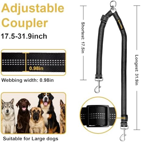 MingXpet Double Dog Leash for Two Dogs, No Pull Dog Leash, 360° Swivel No Tangle for Large Dogs Walking & Training, Shock Absorbing Reflective Bungee, Black - Image 2