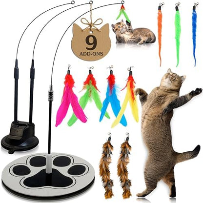 Interactive Cat Toys for Indoor Cats - 6 Feathers 3 Worms Double Sided Suction Cup - Round Base Teaser Wand - Self Play Bird Hunting - Bored Adult Feline Solo Activity - Kitten Juguetes para Gatos by GADGETSOLOGY