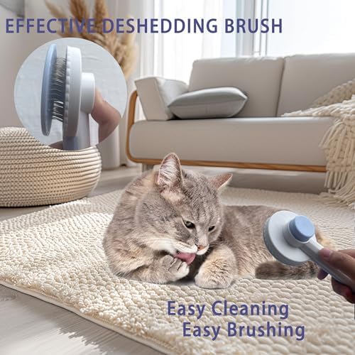 Cat Grooming Brush Kit 6 Tools - Deshedding & Dematting for Long/Short Hair, Self-Cleaning Slicker Brush with 6-in-1 Flea Comb for Cats & Kittens (Blue) - Image 2