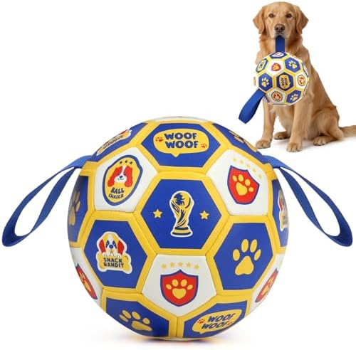Vivifying Dog World Cup Soccer Ball Toy, 8 Inch Floatable Interactive Dog Toy for Large and Extra Large Dogs, Durable PU Enrichment Ball with Nylon Straps for Outdoor Fetch, Training & Playing by Vivifying