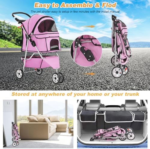 BestPet 3 Wheels Pet Dog Stroller Cat Cage Jogger Stroller Cats Travel Folding Carrier Waterproof with Cup Holder & Removable Liner,Pink - Image 3