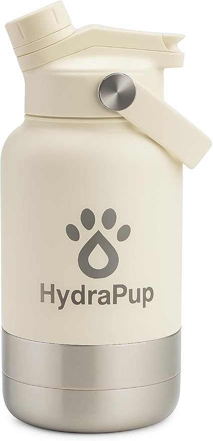 32oz Insulated Water Bottle with Dog Bowls – Human & Pet Shared Use, Stainless Steel Leakproof Travel Bottle (Cream White)