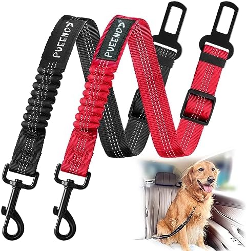 2 Pack Dog Seat Belt Adjustable Dog Car Seatbelts for Vehicle Nylon Pet Safety Seat Belt with Elastic Bungee Buffer Reflective & Durable Car Harness for Dogs (Black + Red) by PUEENOD