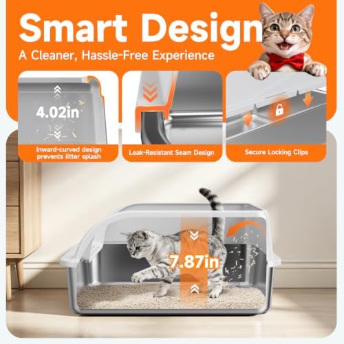 Stainless Steel High-Sided Cat Litter Box with Scoop - Medium - Image 5