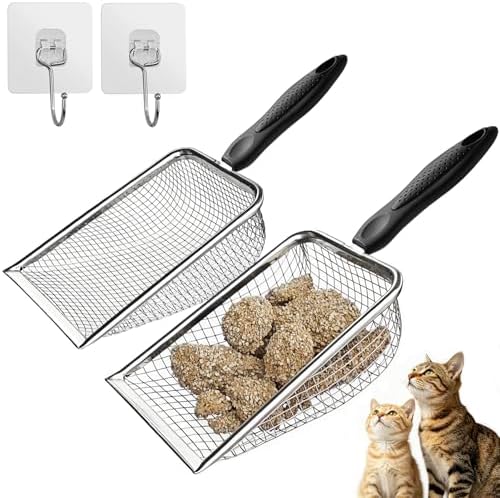 2 Pack Cat Litter Scoop with 3.8mm & 5mm Mesh – Stainless Steel Kitten Litter Scoop with 2 Adhesive Hooks, Metal Cat Poop Scooper for All Litter Types, Efficient Sifting & Easy Cleaning for Litter Box by MOBPMO