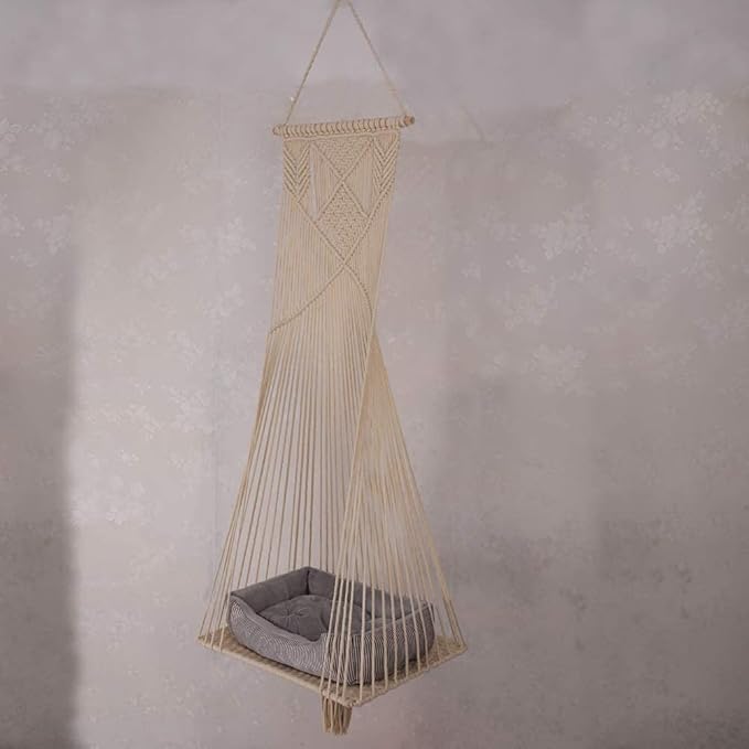 Macrame Hanging Cat Hammock Bed Cat Swing House Space Saving Window Perch with Washed Cotton Cats Toy Tassel Basket Tapestry (Beige, Swing Bed+Cushion)