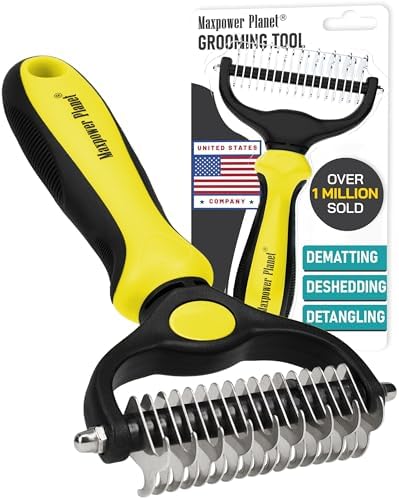 Maxpower Planet Pet Grooming Brush - Double Sided Shedding, Dematting Undercoat Rake for Dogs and Cats - Extra Wide Dog Grooming Brush - Yellow by MaxpowerPlanet