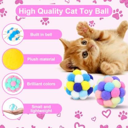 Cat Toys Balls 6 Pieces with Bells 5cm Soft Cat Pom Poms Balls Cats Interactive Ball Toy for Cats Kitten Indoor Outdoor Playing Chewing Scratching (Cat Ball Set 2) - Image 3