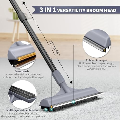 Carpet Rake for Pet Hair Removal - Reusable Dog & Cat Hair Remover with 58" Reinforced Steel Handle, 3-in-1 Professional Modular Rug Rake & Scraper Tool for Shag Rugs, Couch, Stairs (Gray) - Image 3