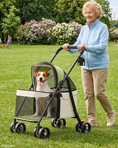 GTPLAYER Foldable Pet Stroller for Small Dogs & Cats up to 33 lbs, Pet Stroller with 360° Swivel Lockable Front Wheels, Rear Brakes, Safety Tethers, Breathable Mesh, Cup Holder, Lime Green - Image 5