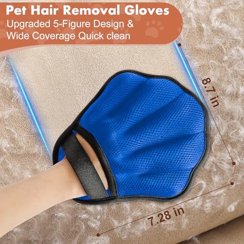 Pet Hair Removal Glove, Electrostatic Pet Hair Remover Glove for Cats & Dogs, Pet Hair Remover Tool for Laundry, Couch, Carpet, Car Seat - Upgraded Five-Finger, Reusable, Blue+Grey - Image 5
