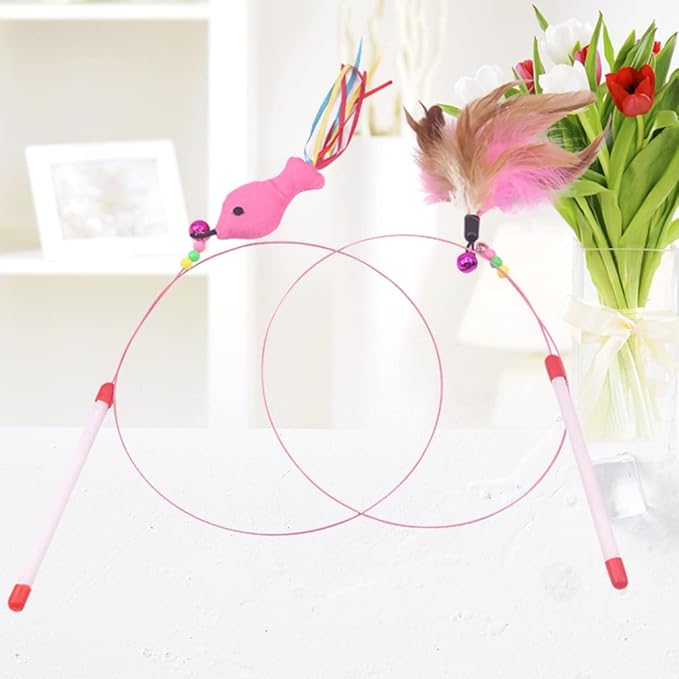 TEHAUX Cat Teaser Wand 27.55 Inch Interactive Fishing Pole with Feather Fish Design and Bells for Kitten Exercise and Play