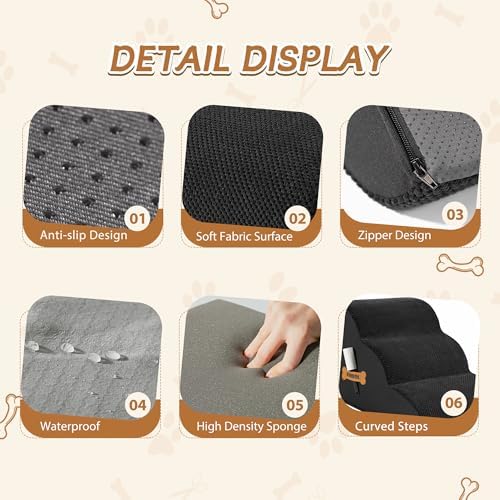 Romrol Dog Stairs Ramp for Beds Couches, Extra Wide Pet Steps with Durable Non-Slip Waterproof Fabric Cover, Dog Slope Stairs for Small Dogs and Cats or Pets Friendly, 3-Tiers, 13 Inch,Black - Image 5