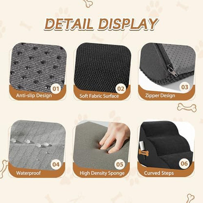 Romrol Dog Stairs Ramp for Beds Couches, Extra Wide Pet Steps with Durable Non-Slip Waterproof Fabric Cover, Dog Slope Stairs for Small Dogs and Cats or Pets Friendly, 3-Tiers, 13 Inch,Black - Image 5
