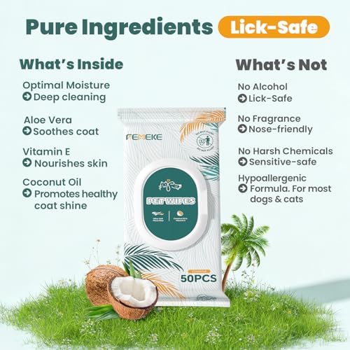 200 Count Dog Wipes & Cat Wipes (4x50 Packs) | Hypoallergenic, pH Balanced for Paws, Body, Face & Grooming |All-Natural Plant Fiber Wipes with Aloe, Coconut Oil & Vitamin E |Pearl Texture - Image 4