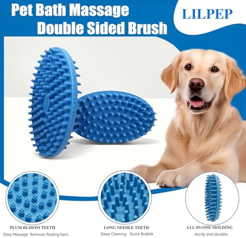Dog Grooming Brush, Lilpep Pet Shampoo Bath Brush Soothing Massage Rubber Comb with Adjustable Ring Handle for Long Short Haired Dogs and Cats (2 pale blue, 2 sided brush) - Image 3