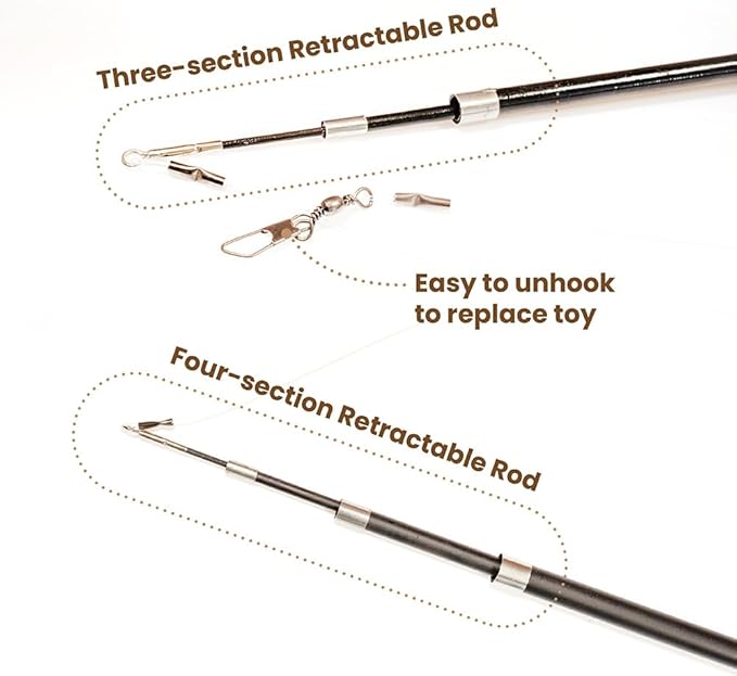 BLUE BAY Two Retractable Cat Teaser Wand Toy with 6 PCS Attachments | Cat Teaser Toys for Indoor Cats Kitten Play Chase Exercise (Black 4-Section Wand + Gray 3-Section Wand)
