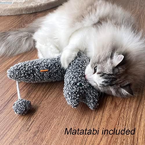 TTcat 14.6 Inch Large Curly Plush Pillow Cat Kicker Toy with Catnip Silvervine Powder, Soft Stuffed Cat Chew Toy with Tail, Interactive Toy for Indoor Cats and Kittens(Grey). - Image 5
