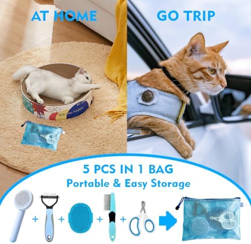 Grooming Brush Kit - 5pcs for Shedding & Matted Fur, Self-Cleaning with Flea Comb for Indoor Long-Haired Cats, Blue - Image 6