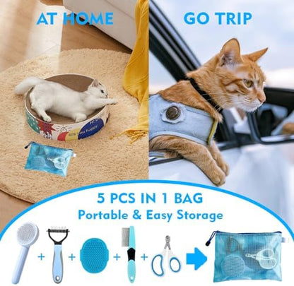 Grooming Brush Kit - 5pcs for Shedding & Matted Fur, Self-Cleaning with Flea Comb for Indoor Long-Haired Cats, Blue - Image 6