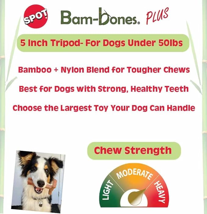 SPOT Bam-Bones Plus Tripod, Bamboo Fiber & Nylon Dog Chew, Durable for Moderate to Aggressive Chewers, Non-Splintering, for Adult Dogs & Teething Puppies Under 50lbs, 5inch, Bison Flavor