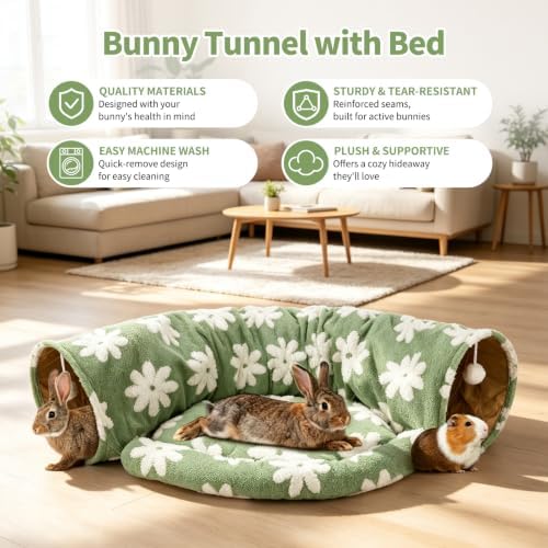 BWOGUE Bunny Tunnel Bed, 2-in-1 Collapsible Rabbit Tunnel Hideout with Mat - Image 5