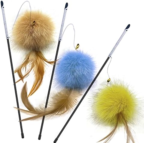 Cat Toys - Rainbow Wand, Feather Flips Plush Ball, Interactive Feather Teaser for Kitten Exercise - 3 Pack by AZOFFYIU