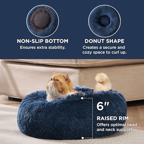Bedsure Calming Cat Beds Donut Round Washable Kitten Bed,20 inches Navy - Image 3