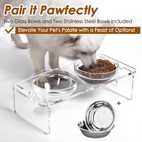 Elevated Dog Bowls for Medium Dogs – 5.5” Acrylic Raised Pet Feeder Stand with 2 Stainless Steel & 2 Glass Removable Bowls – Food & Water Dish Set - Image 3
