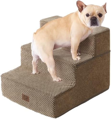 EHEYCIGA Dog Stairs for Small Dogs 13.5" H, 3-Step Dog Steps for Cats, Camel by EHEYCIGA