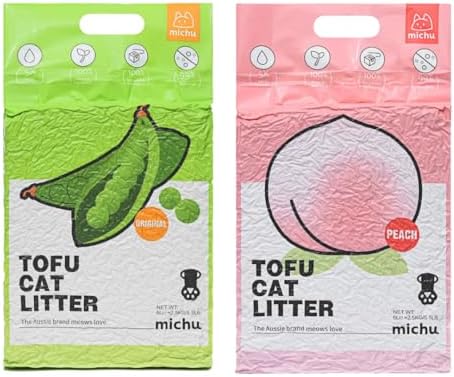 Michu Tofu Cat Litter Natural Clumping Tofu Cat Litter, Fast Clumping and Easily Scoop-able 5.5lb/88oz 5 Scents - Original + Peach, 2 Pack by Michupet