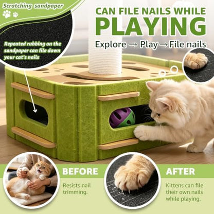 Cat Nail File Scratcher Boxs,Interactive Cats Puzzle Toys with Sisal Column Bell Balls,Indoor Cat Maze Hunting Game Toy for Scratching Mental Stimulation Boredom Relief - Image 2