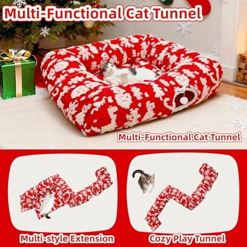 Extra Large Cat Tunnel Bed for Indoor Cats with Warm Mat,Cat Toys Cave Dount Tube for Xmas Decor Red - Image 4