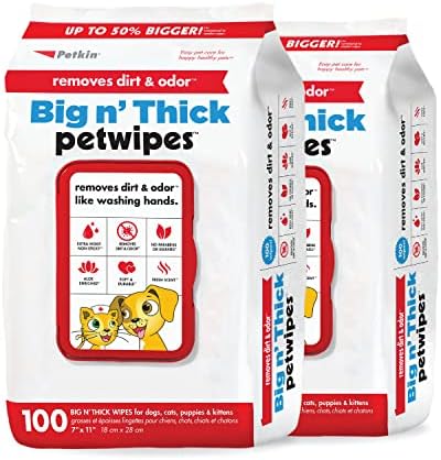 Petkin Pet Wipes for Dogs and Cats, 200 Large Wipes - Removes Dirt & Odor Like Washing Hands - Cleans Ears, Face, Butt, Eye Area - Convenient, Ideal for Home or Travel - 2 Packs of 100 Wipes by Petkin